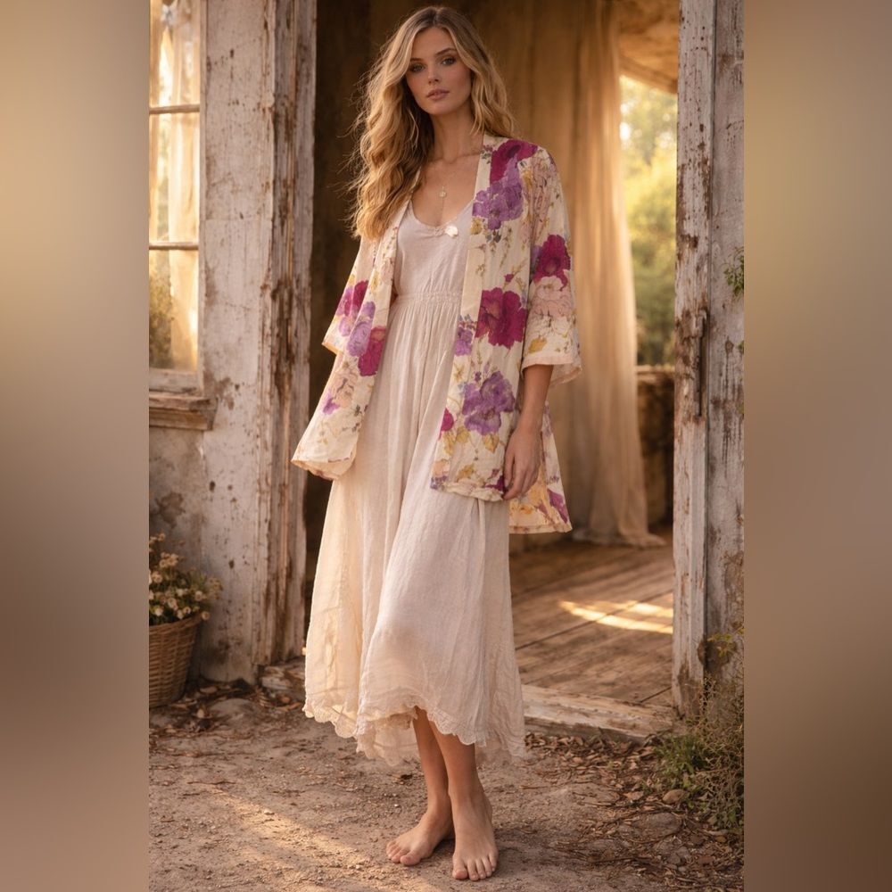Anthropologie Odille Silk Boho Floral Silk Kimono M NWOT